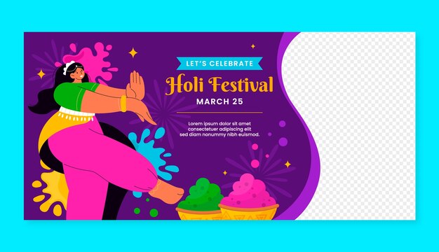 Vector gratuito plantilla de pancarta horizontal plana para la celebración del festival de holi.