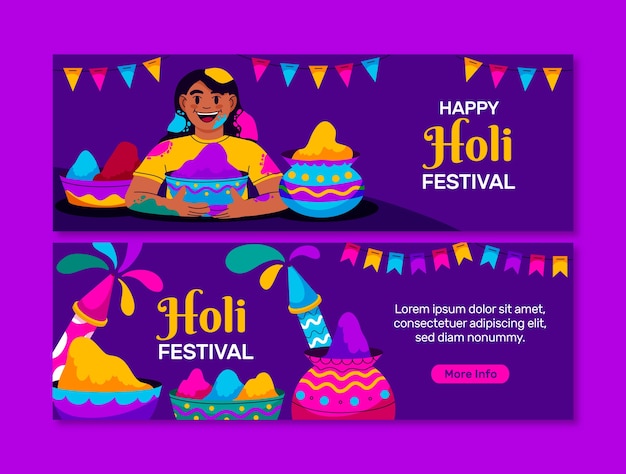 plantilla de pancarta horizontal plana para la celebración del festival de Holi.
