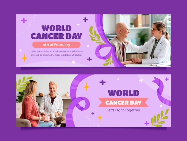 Vector gratuito plantilla de pancarta horizontal plana para la concienciación sobre el día mundial del cáncer