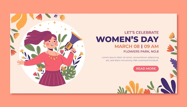 Plantilla de pancarta horizontal plana para el día de la mujer