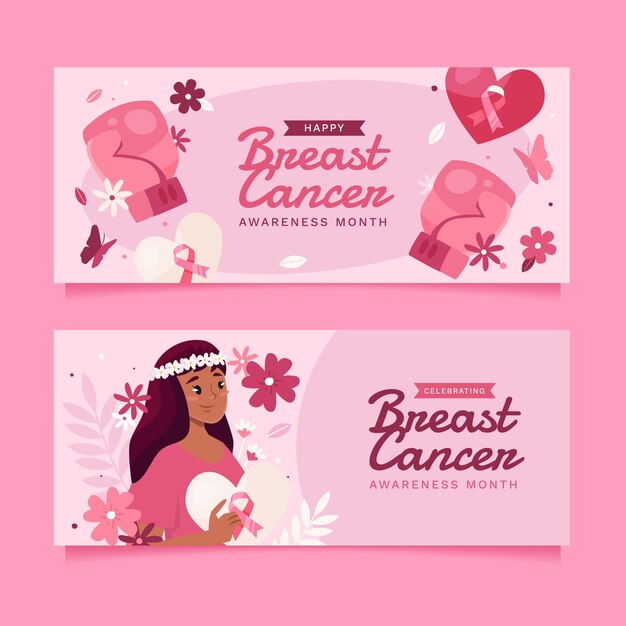 plantilla de pancarta horizontal plana para el mes de concienciación sobre el cáncer de mama
