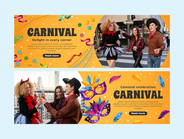 Vector gratuito plantilla de pancarta horizontal realista para la celebración de la fiesta del carnaval