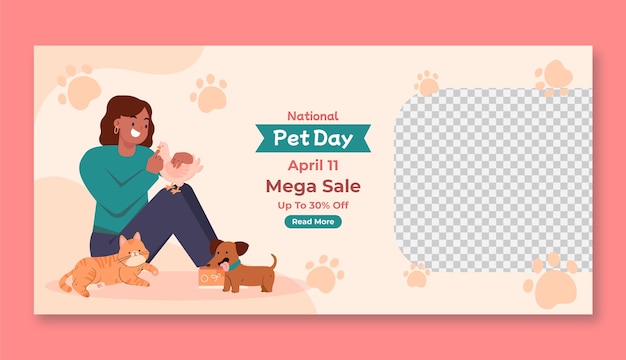 Vector gratuito plantilla de pancarta de venta horizontal plana para el día nacional de las mascotas con animales