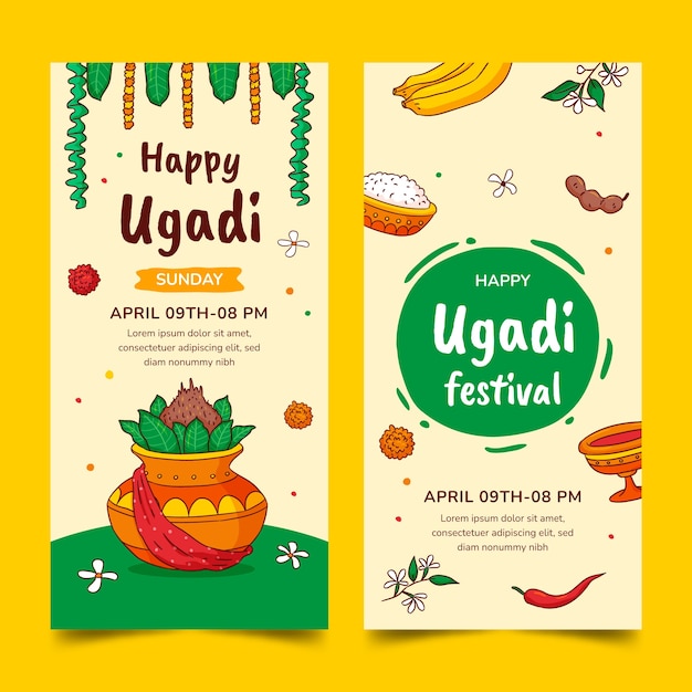 Plantilla de pancarta vertical dibujada a mano para la festividad de Ugadi