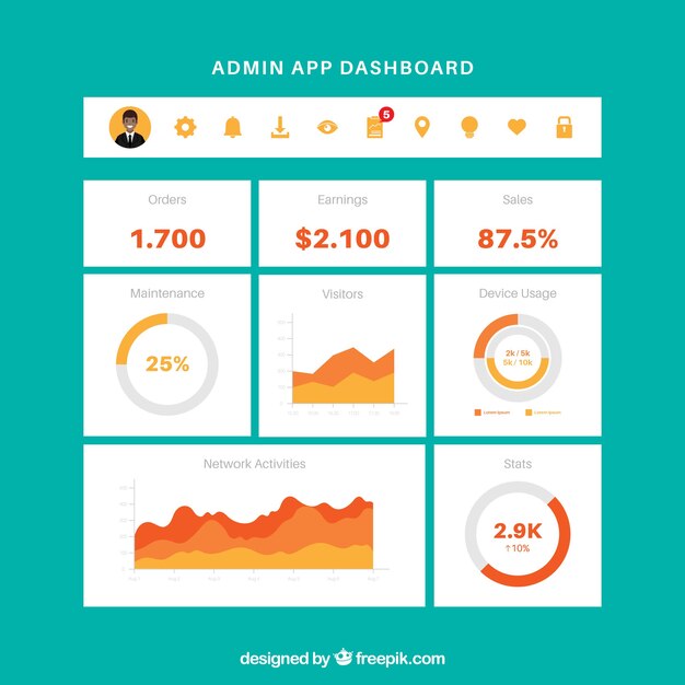 Plantilla de panel de administrador de app con diseño plano
