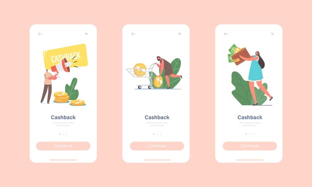 Plantilla de pantalla integrada de la página de aplicación móvil Cash Back.