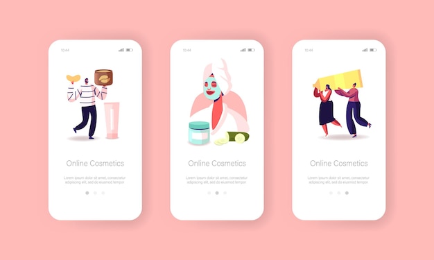 Plantilla de pantalla integrada de la página de la aplicación móvil de cosméticos en línea.