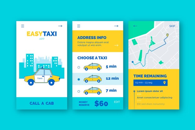 Plantilla de pantallas de la aplicación de incorporación del servicio de taxi