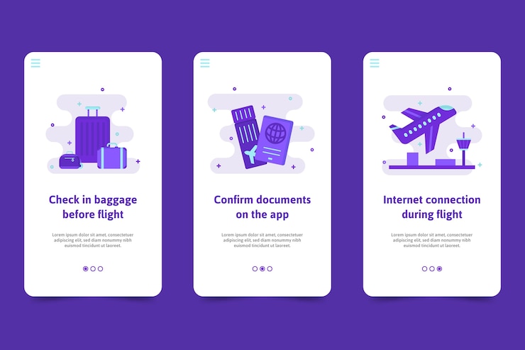 Vector gratuito plantilla de pantallas de aplicaciones de incorporación de viajes