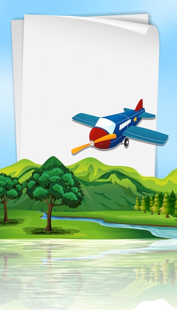 Plantilla de papel con avión volando sobre el río