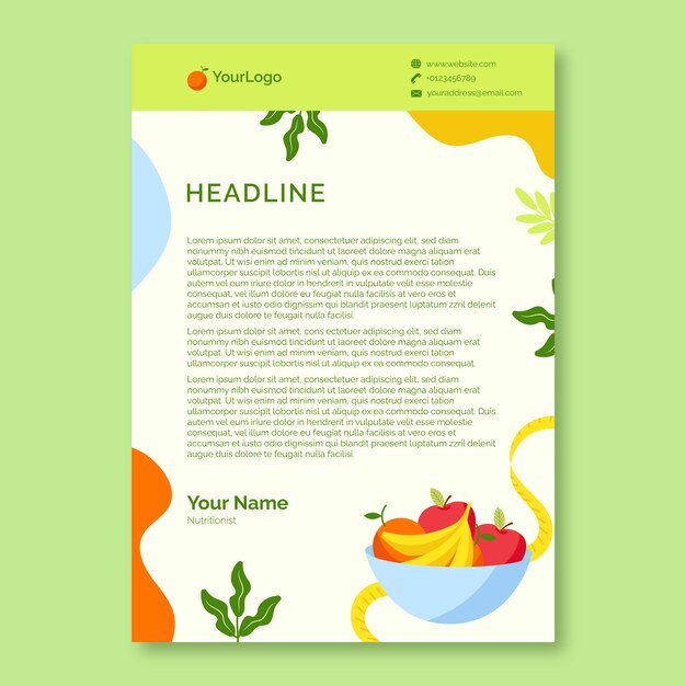 Plantilla de papel de carta de consejos de nutricionista dibujada a mano