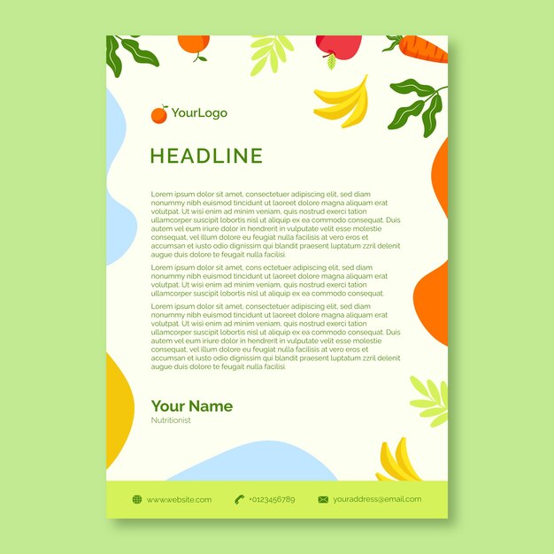Plantilla de papel de carta de consejos de nutricionista dibujada a mano