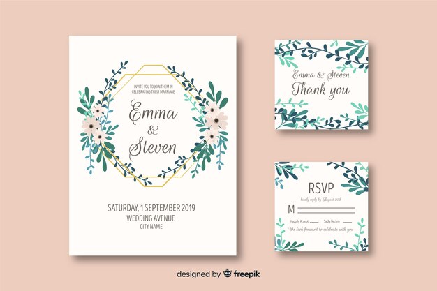 Plantilla de papelería de boda en diseño plano