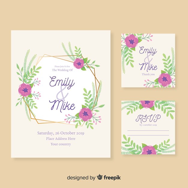 Vector gratuito plantilla de papelería de boda en diseño plano