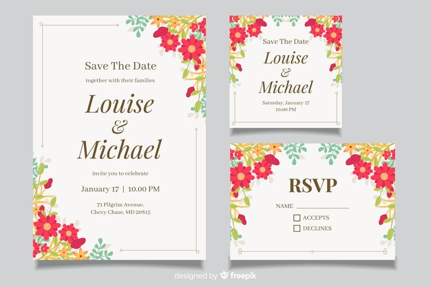 Plantilla de papelería de boda en diseño plano