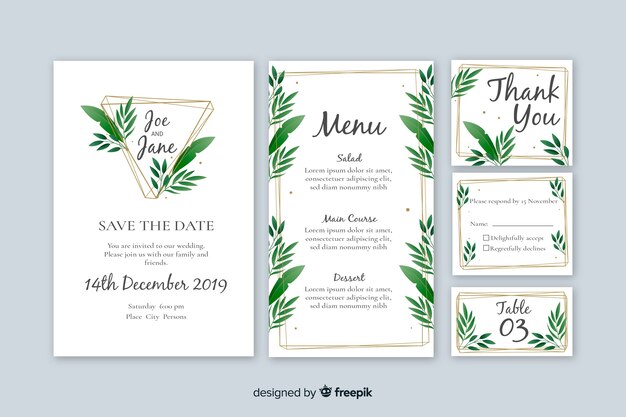 Plantilla de papelería de boda en diseño plano