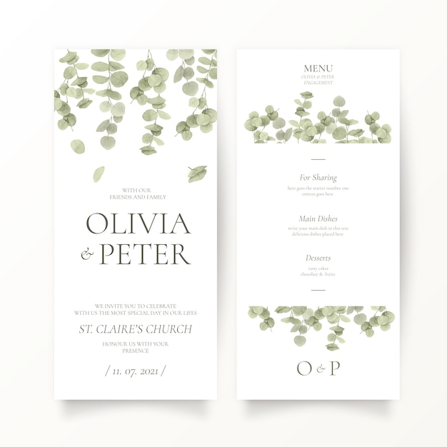 Vector gratuito plantilla de papelería de boda de hoja de eucalipto