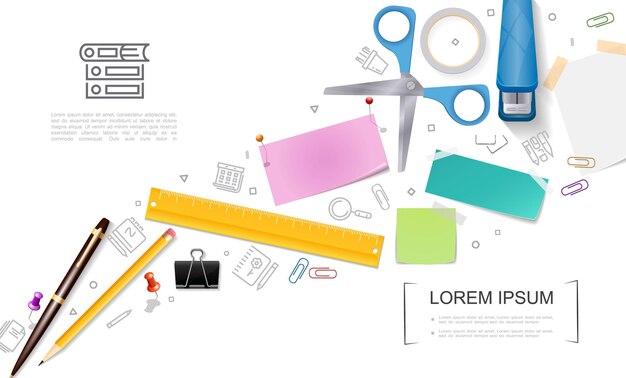 Plantilla de papelería de oficina realista con tijeras llenas grapadora pluma lápiz regla chinchetas nota pegatinas clip de carpeta e iconos estacionarios ilustración,
