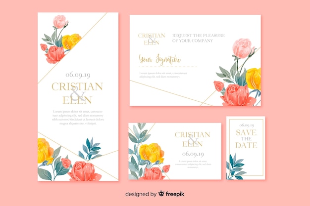 Plantilla de papeles y tarjetas de boda de estampado floral en acuarela