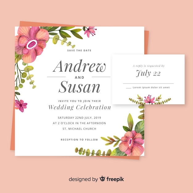 Vector gratuito plantilla de papeles y tarjetas de boda de estampado floral en acuarela