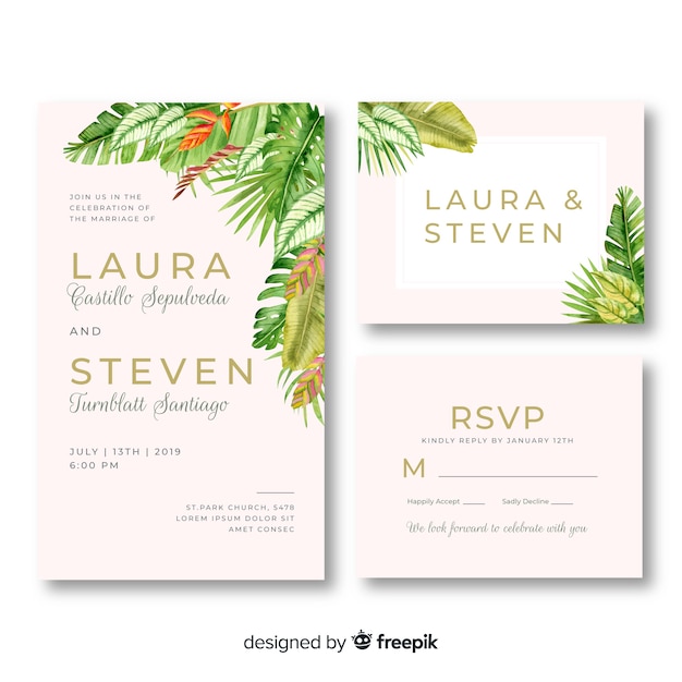 Vector gratuito plantilla de papeles y tarjetas de boda de estampado floral en acuarela