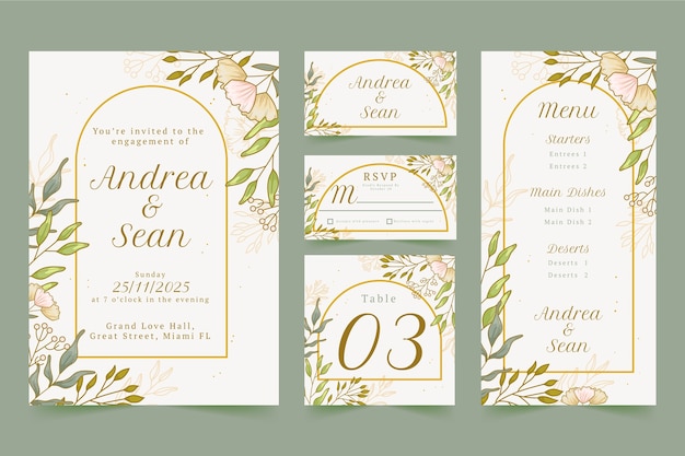 Plantilla de paquete de papelería de boda dibujada a mano
