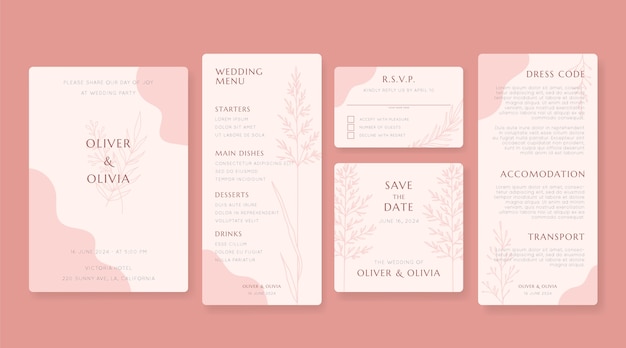 Plantilla de paquete de papelería de boda de diseño plano