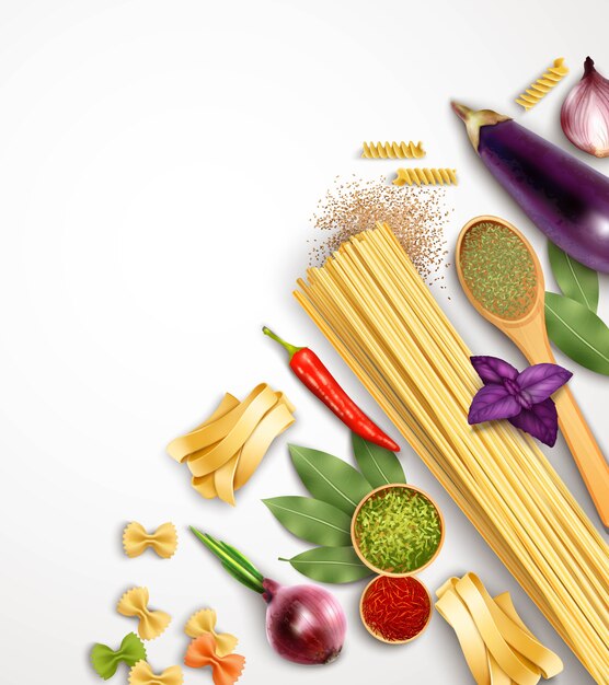 Plantilla de pasta realista con ingredientes y productos para su cocina.