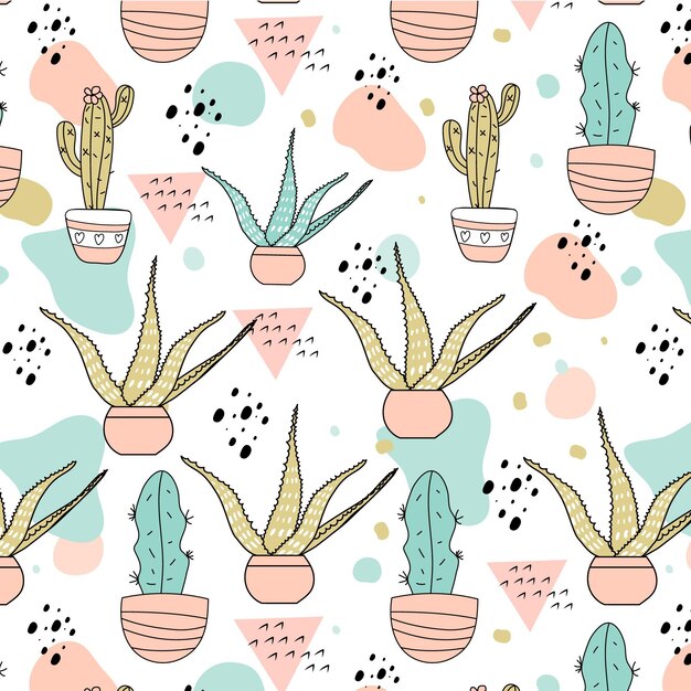 Plantilla de patrón de cactus pastel dibujado a mano