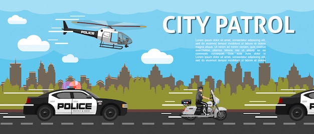 Plantilla de patrulla de la ciudad de policía plana con coches de helicóptero y policía montando motocicleta en carretera