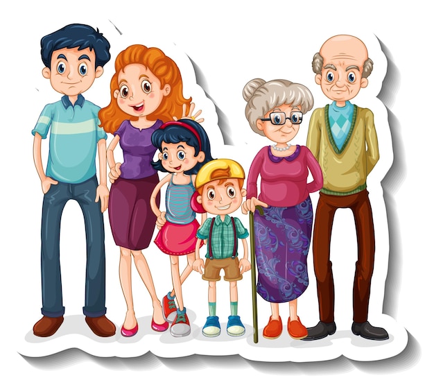 Vector gratuito una plantilla de pegatina con un gran personaje de dibujos animados de miembros de la familia.