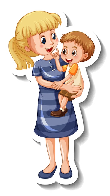 Una plantilla de pegatina con una madre sosteniendo a su hijo.