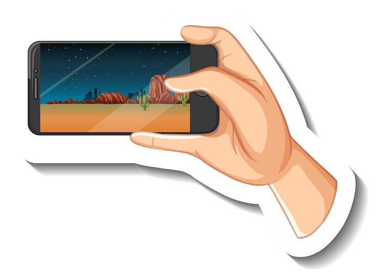 Vector gratuito una plantilla de pegatina con mano sujetando un teléfono inteligente.