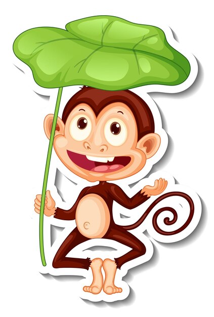 Plantilla de pegatina con un mono sosteniendo una hoja sobre fondo blanco.