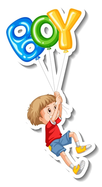 Vector gratuito plantilla de pegatina con muchos globos volando con un niño.