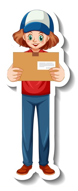 Una plantilla de pegatina con mujer de entrega en uniforme con cajas.
