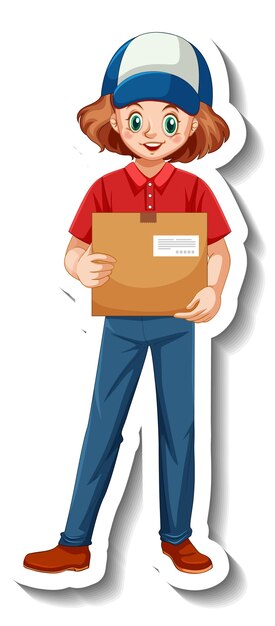 Una plantilla de pegatina con mujer de entrega en uniforme con cajas.