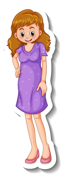 Vector gratuito una plantilla de pegatina con una mujer vestida de púrpura en pose de pie