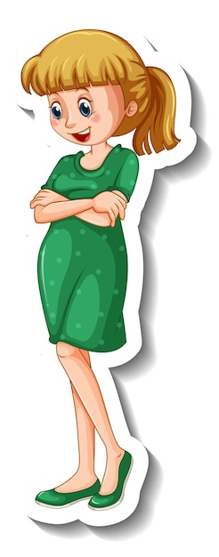 Vector gratuito una plantilla de pegatina con una mujer con vestido verde en pose de pie