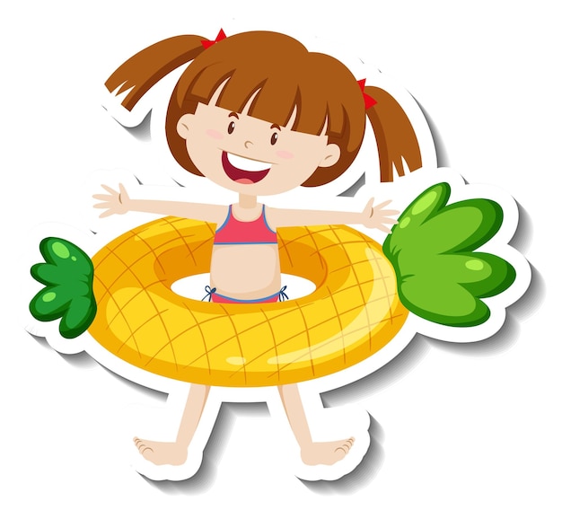 Vector gratuito una plantilla de pegatina de una niña con un anillo de natación de piña.