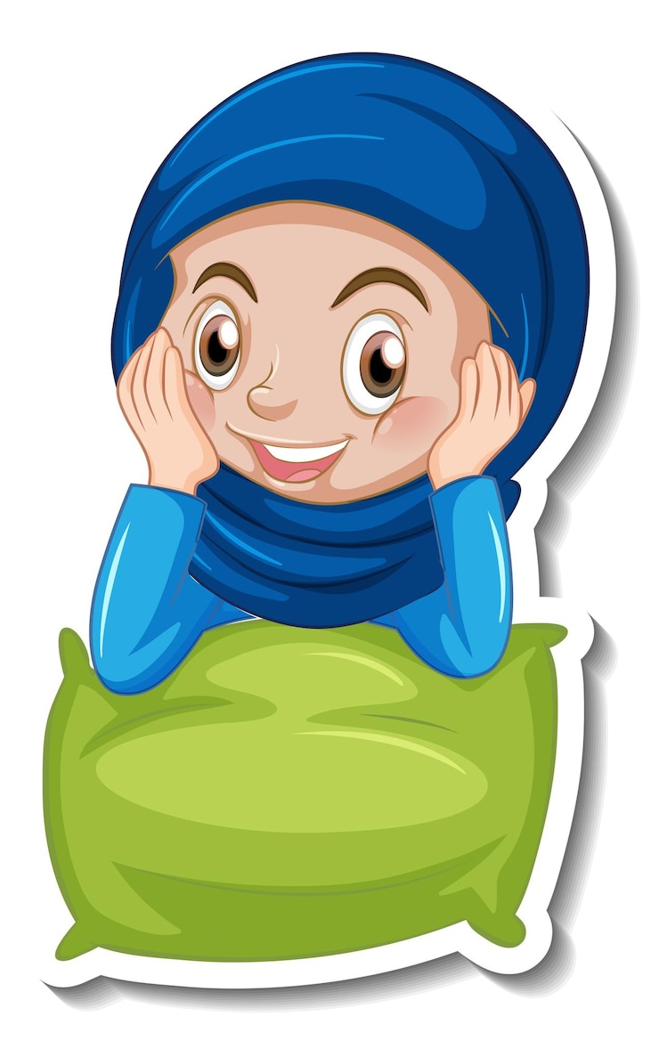 Vector gratuito una plantilla de pegatina con una niña musulmana abraza una almohada.