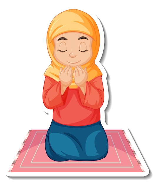 Vector gratuito una plantilla de pegatina con una niña musulmana sentada en una alfombra y rezando