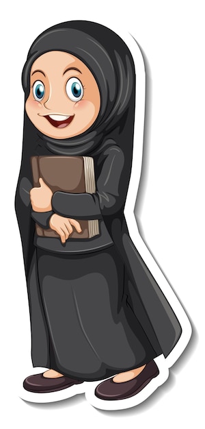 Una plantilla de pegatina con una niña musulmana vestida con un hijab negro y un disfraz.