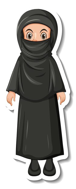 Una plantilla de pegatina con una niña musulmana vestida con un hijab negro y un disfraz.