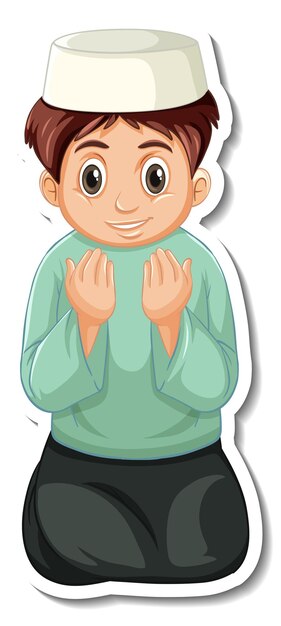 Una plantilla de pegatina con un niño musulmán rezando.