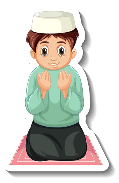 Una plantilla de pegatina con un niño musulmán sentado en una alfombra y rezando.