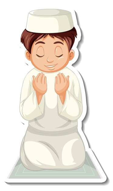 Una plantilla de pegatina con un niño musulmán sentado en una alfombra y rezando.
