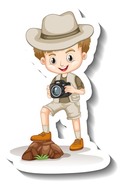 Una plantilla de pegatina con un niño en traje de safari con personaje de dibujos animados de cámara