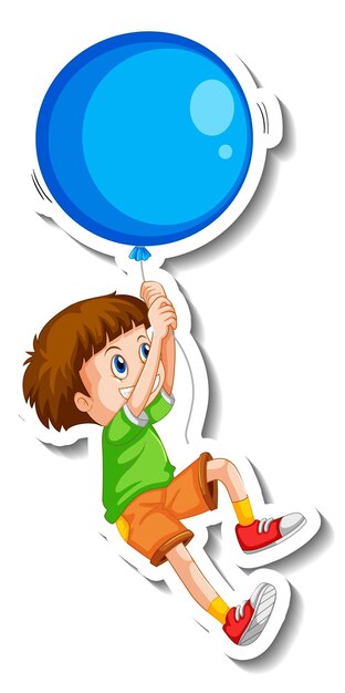 Plantilla de pegatina con un niño volando con un gran globo aislado
