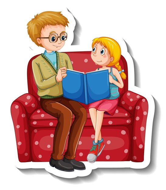 Una plantilla de pegatina con padre e hija leyendo un libro juntos.